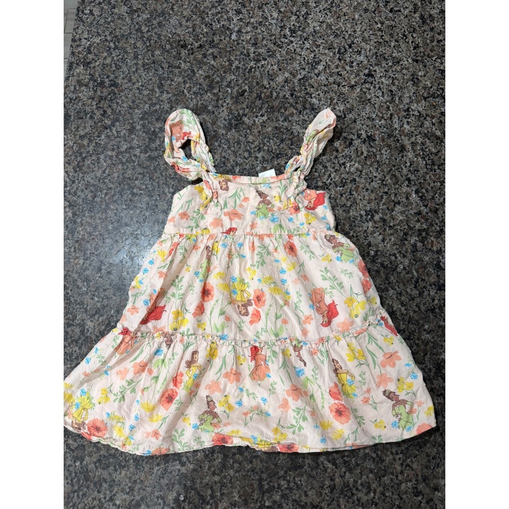 Disney Princess Floral Tiered Dress Girls 5T Ariel Belle Tiana Peach Cotton
